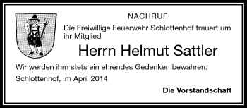 Traueranzeige von Helmut Sattler von Frankenpost