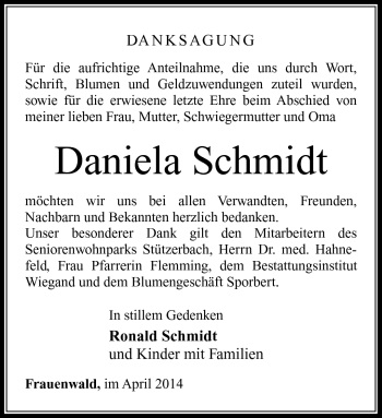 Traueranzeige von Daniela Schmidt von Südthüringer Presse
