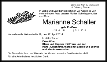 Traueranzeige von Marianne Schaller von Frankenpost