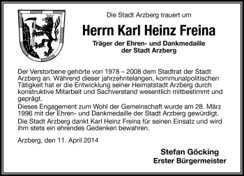 Traueranzeige von Karl Heinz Freina von Frankenpost