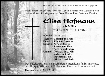 Traueranzeige von Elise Hofmann von Südthüringer Presse