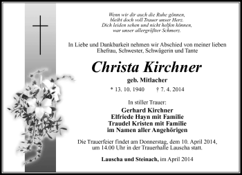 Traueranzeige von Christa Kirchner von Südthüringer Presse