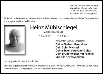 Traueranzeige von Heinz Mühlschlegel von Neue Presse Coburg
