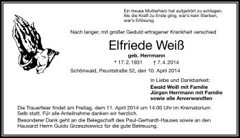 Traueranzeige von Elfriede Weiß von Frankenpost