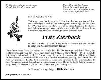 Traueranzeige von Fritz Zierbock von Südthüringer Presse