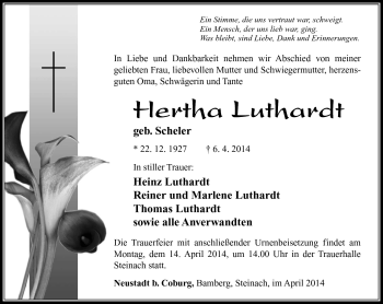 Traueranzeige von Hertha Luthardt von Südthüringer Presse