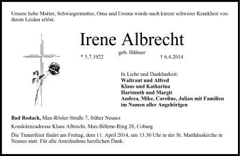 Traueranzeige von Irene Albrecht von Neue Presse Coburg