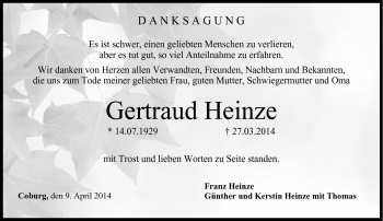 Traueranzeige von Gertraud Heinze von Neue Presse Coburg