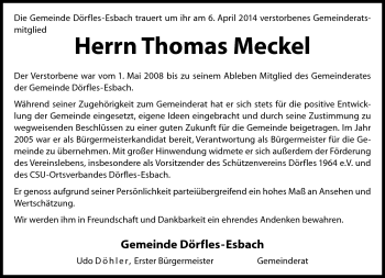 Traueranzeige von Thomas Meckel von Neue Presse Coburg