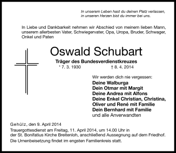 Traueranzeige von Oswald Schubart von Neue Presse Coburg