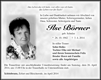 Traueranzeige von Ilse Börner von Südthüringer Presse