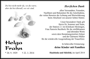 Traueranzeige von Helga Frahn von Südthüringer Presse