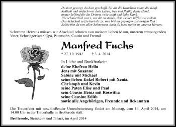 Traueranzeige von Manfred Fuchs von Südthüringer Presse