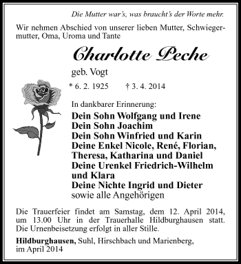 Traueranzeige von Charlotte Peche von Südthüringer Presse