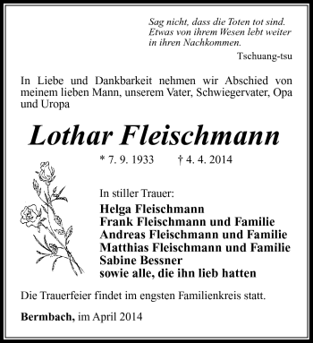 Traueranzeige von Lothar Fleischmann von Südthüringer Presse