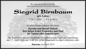 Traueranzeige von Siegrid Birnbaum von Südthüringer Presse