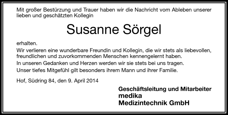  Traueranzeige für Susanne Sörgel vom 09.04.2014 aus Frankenpost
