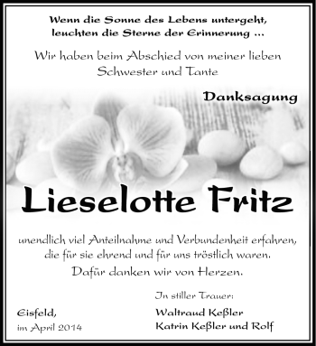 Traueranzeige von Lieselotte Fritz von Südthüringer Presse