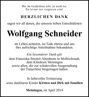 Traueranzeige von Wolfgang Schneider von Südthüringer Presse