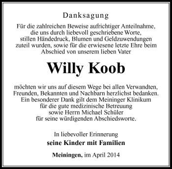 Traueranzeige von Willy Koob von Südthüringer Presse