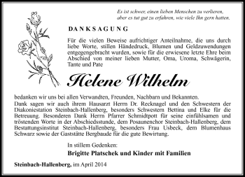 Traueranzeige von Helene Wilhelm von Südthüringer Presse