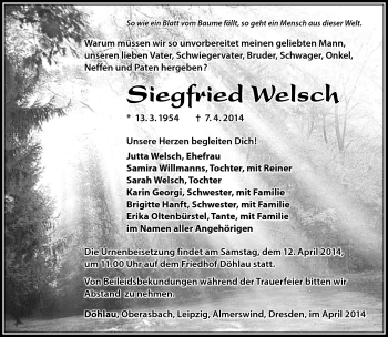 Traueranzeige von Siegfried Welsch von Südthüringer Presse