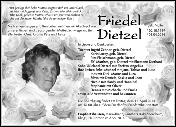 Traueranzeige von Frieda Dietzel von Südthüringer Presse