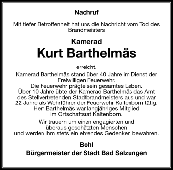 Traueranzeige von Kurt Bartelmäs von Südthüringer Presse