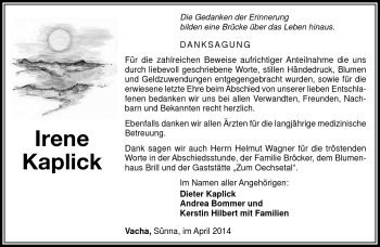 Traueranzeige von Irene Kaplick von Südthüringer Presse