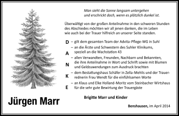 Traueranzeige von Jürgen Marr von Südthüringer Presse