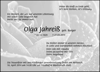 Traueranzeige von Olga Jahreiß von Frankenpost