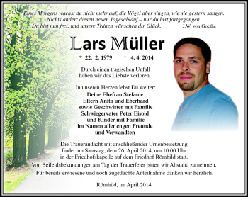 Traueranzeige von Lars Müller von Südthüringer Presse