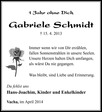 Traueranzeige von Gabriele Schmidt von Südthüringer Presse