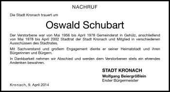 Traueranzeige von Oswald Schubart von Neue Presse Coburg