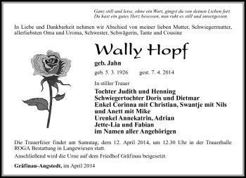 Traueranzeige von Wally Hopf von Südthüringer Presse