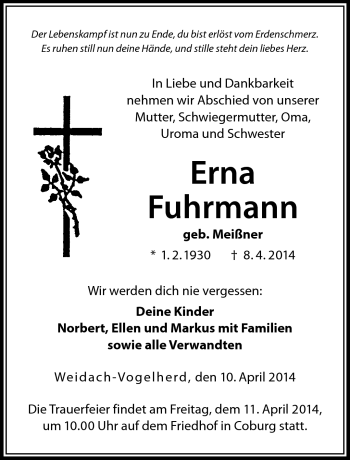 Traueranzeige von Erna Fuhrmann von Neue Presse Coburg