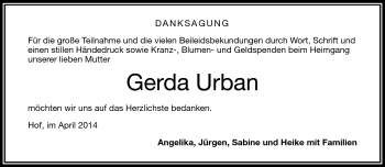 Traueranzeige von Gerda Urban von Frankenpost