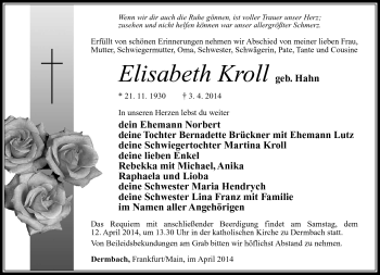 Traueranzeige von Elisabeth Kroll von Südthüringer Presse