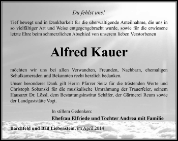 Traueranzeige von Alfred kauer von Südthüringer Presse