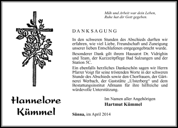 Traueranzeige von Hannelore Kümmel von Südthüringer Presse