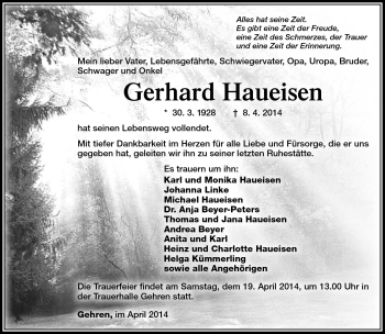 Traueranzeige von Gerhard Haueisen von Südthüringer Presse