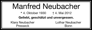 Traueranzeige von Manfred Neubacher von Frankenpost