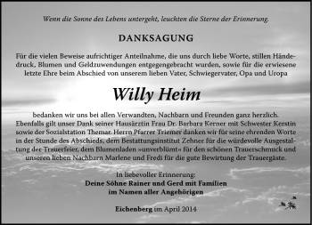 Traueranzeige von Willy Heim von Südthüringer Presse