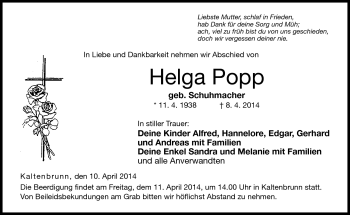 Traueranzeige von Helga Popp von Neue Presse Coburg
