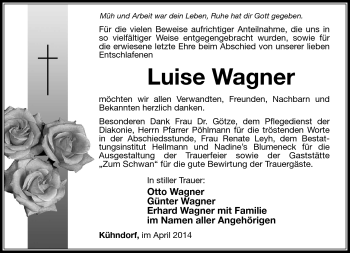 Traueranzeige von Luise Wagner von Südthüringer Presse