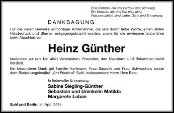 Traueranzeige von Heinz Günther von Südthüringer Presse