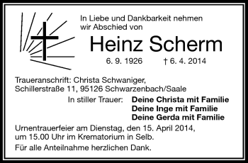 Traueranzeige von Heinz Scherm von Frankenpost