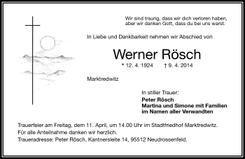 Traueranzeige von Werner Rösch von Frankenpost
