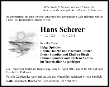 Traueranzeige von Hans Scherer von Südthüringer Presse