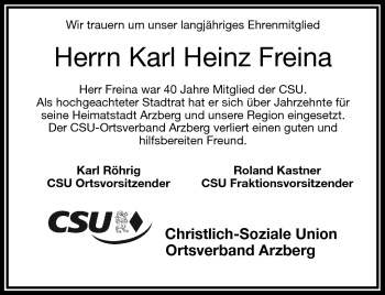 Traueranzeige von Karl Heinz Freina von Frankenpost